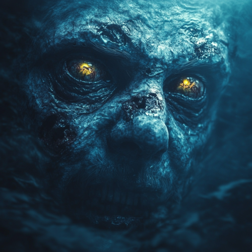 Zombies with yellow eyes sinking in dark ocean