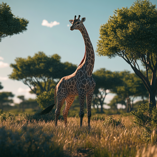 Zuma the giraffe stands majestically under bright sunny sky.