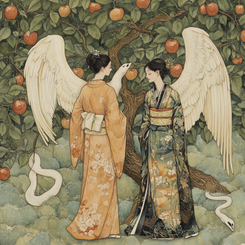a Loving Couple under Apple Tree with Angel