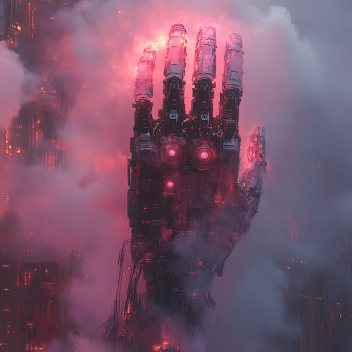 a robotich mechhand with a burning robotic mech hand