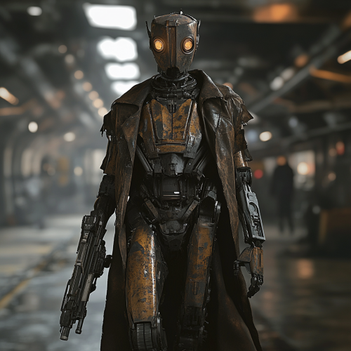 a worn metal warrior droid in dark trench coat