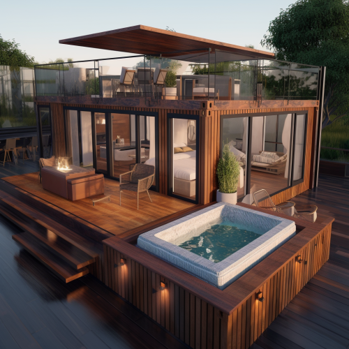 Shipping container A frame house with deck and hot tub