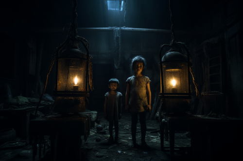 Boy and girl in dark haunted house with lantern