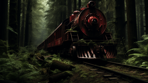 Abandoned logging train in the mysterious woods