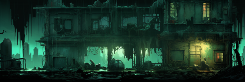 Spooky abandoned building in seagreen fog Spooky abandoned building in seagreen fog