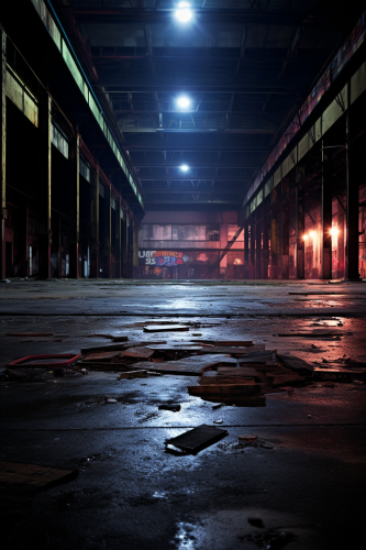 Abandoned warehouse interior at night with iconic presence