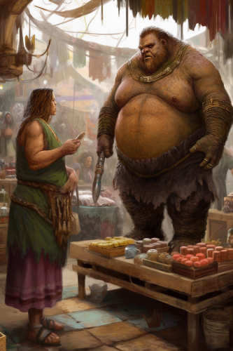 Two men conversing in a cyberpunk fantasy marketplace