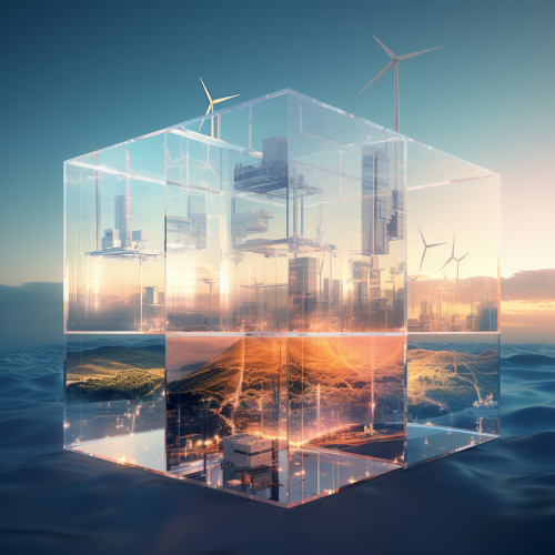 Abstract cubes with landscape and city digital twin