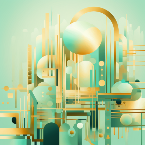 Abstract artwork in golden and mint colors