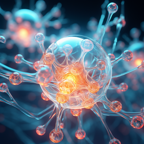 Glowing hydrogen molecule in abstract futuristic cellular structure