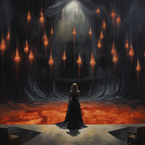 Abstract oil painting with female in black dress