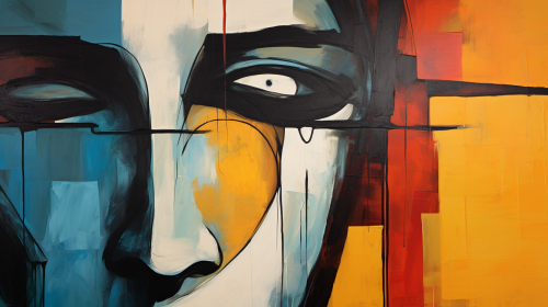 Abstract painting with sad man on a road