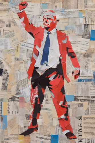 Abstract torn paper collage with Donald Trump dancing at US Capitol Abstract torn paper collage with Donald Trump dancing at US Capitol