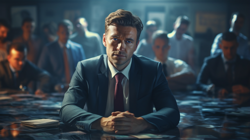 Successful businessman distancing from workmates in office