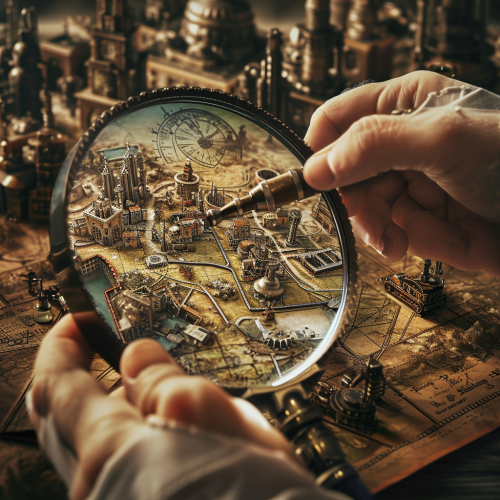 Scientist examining steampunk environment with magnifying glass