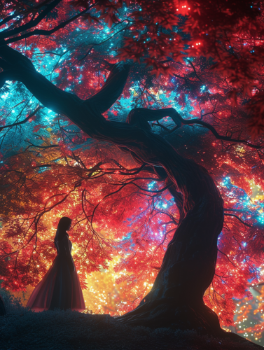 Beautiful woman under surrealistic acer palmatum tree