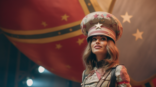 Business woman acrobat in colorful helmet inside circus cannon