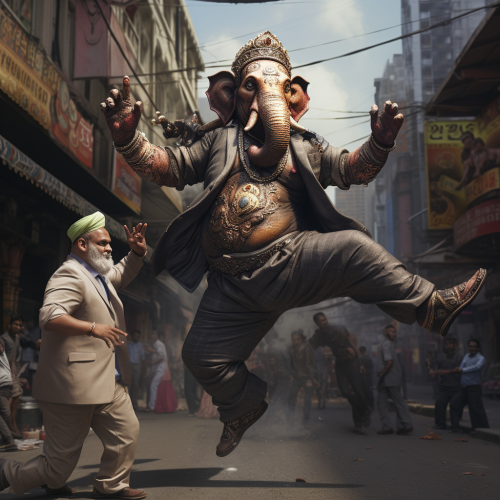 Acrobatic Lord Ganesha performing flying kick