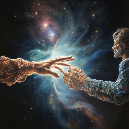 Adam and God touching fingers in futuristic setting Adam and God touching fingers in futuristic setting