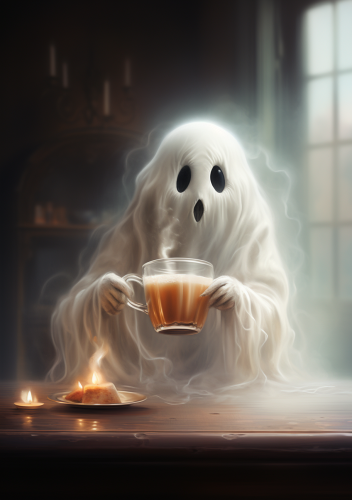 Adorable ghost enjoying a cup of coffee