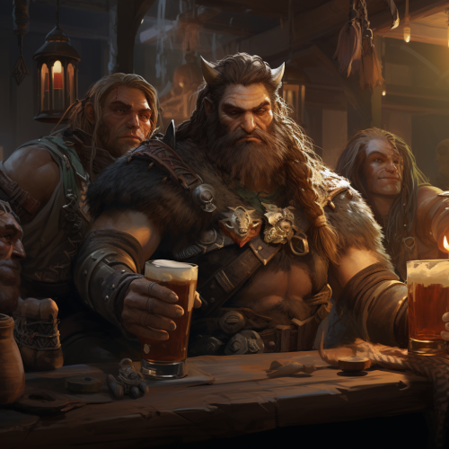 Group of adventurers enjoying drinks in a tavern Group of adventurers enjoying drinks in a tavern