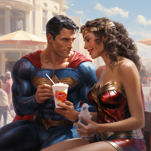 Young Wonder Woman and Superman enjoying Ice Cream