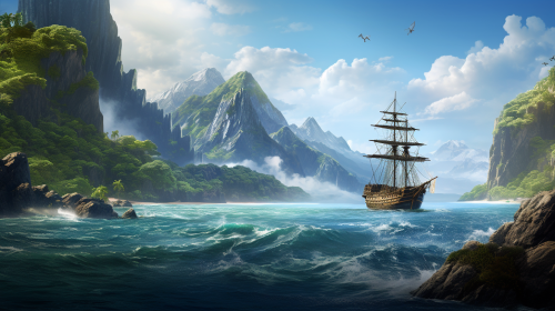 Travellers sailing across uncharted waters with mountains in distance