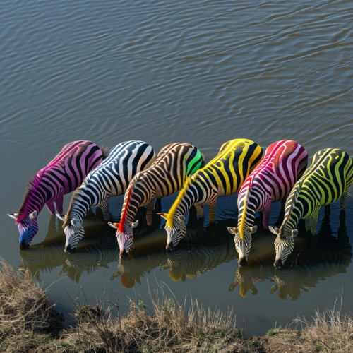 Colorful zebras drinking at African lake