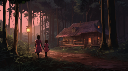 African leopard walking with girl in pink dress