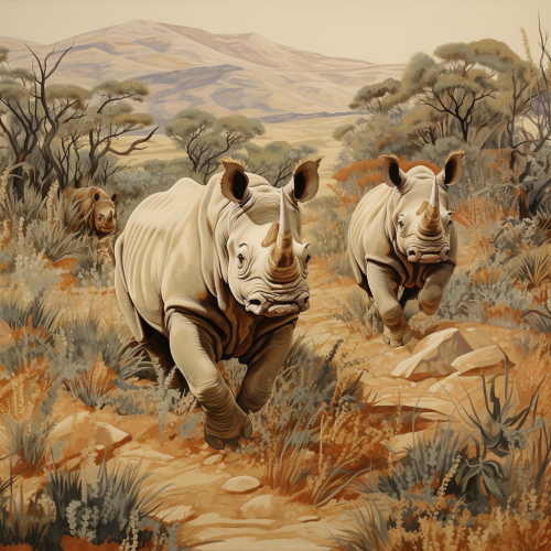 Rhinos running in African savannah