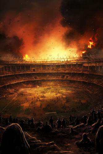 African football cup game stadium during war destruction