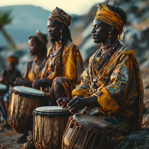African tribe men playing drums in ceremonial circle with black woman dancing