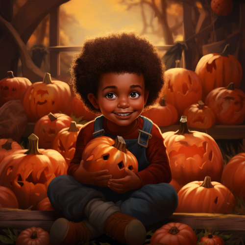 Happy child playing with pumpkins