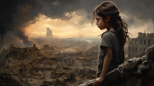 Girl crying in war aftermath scene