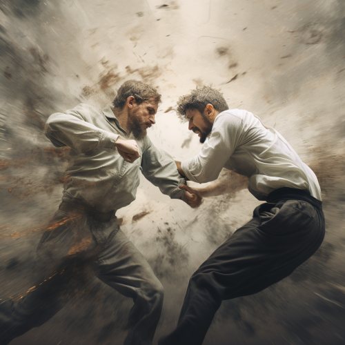 Two men fiercely fighting each other