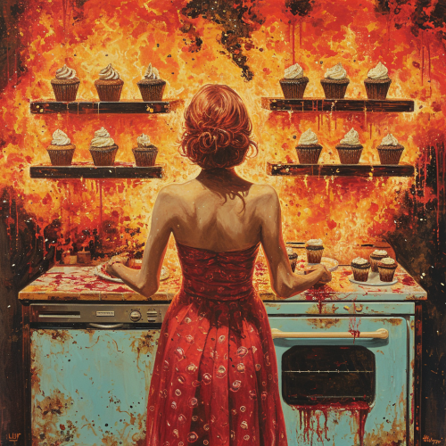 Woman being force-fed cupcakes by aggressive refrigerator