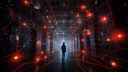 Person walking through AI-enabled surveillance capitalism maze