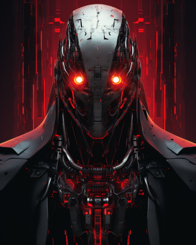 Futuristic AI drone machine with red glowing features