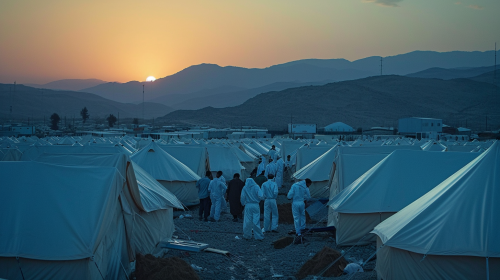 Aid workers setting up refugee tents