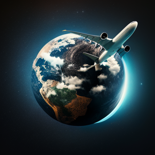 Airplane flying in orbit around the globe