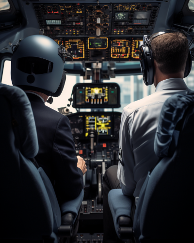 View of pilot and humanoid robot in cockpit