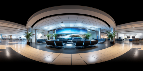 Airport waiting room with check-in counter and big screens