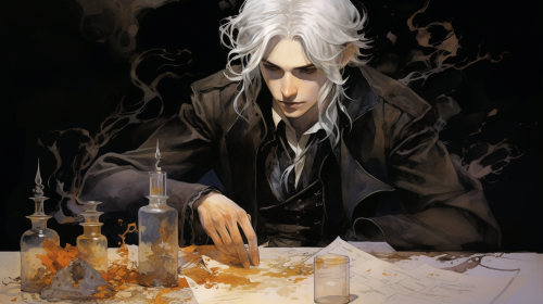 White-haired young man practicing alchemy