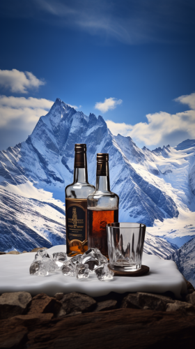 Bottle of alcohol and cups in snow mountains