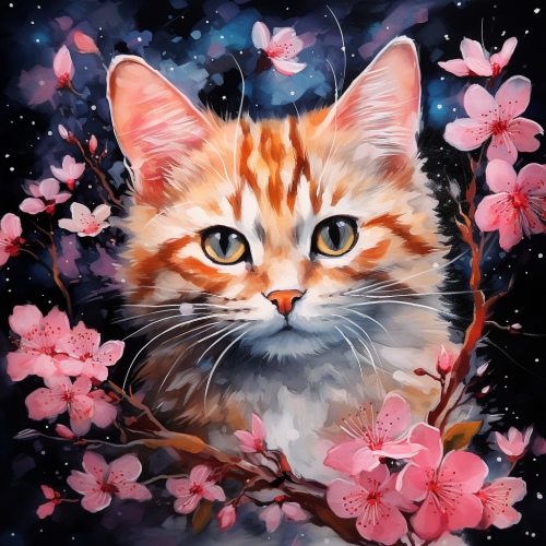Detailed and vibrant alcohol ink illustration of a Mandarin duck, cat, and cherry blossom.