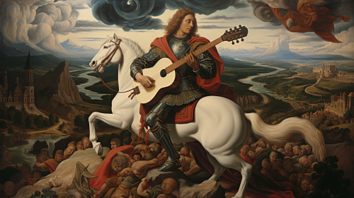 Renowned painting of Alexander the Great leading his army into battle with guitar in hand