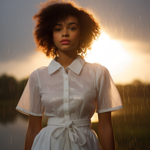 Afroamerican Teen in Cute White Dress, Sunrise Rain