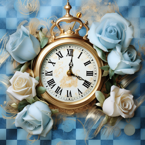 Alice in Wonderland with Blue Checkered and Gold Clocks