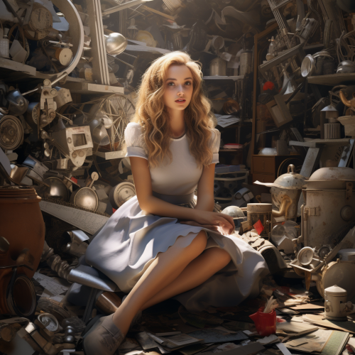 Alice in Wonderland surrounded by engine parts