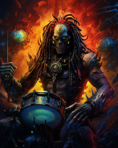 Muscular alien cyborg playing drums
